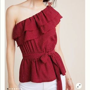 Anthropologie Maeve Polka Dot Ruffled One Shoulder Top
